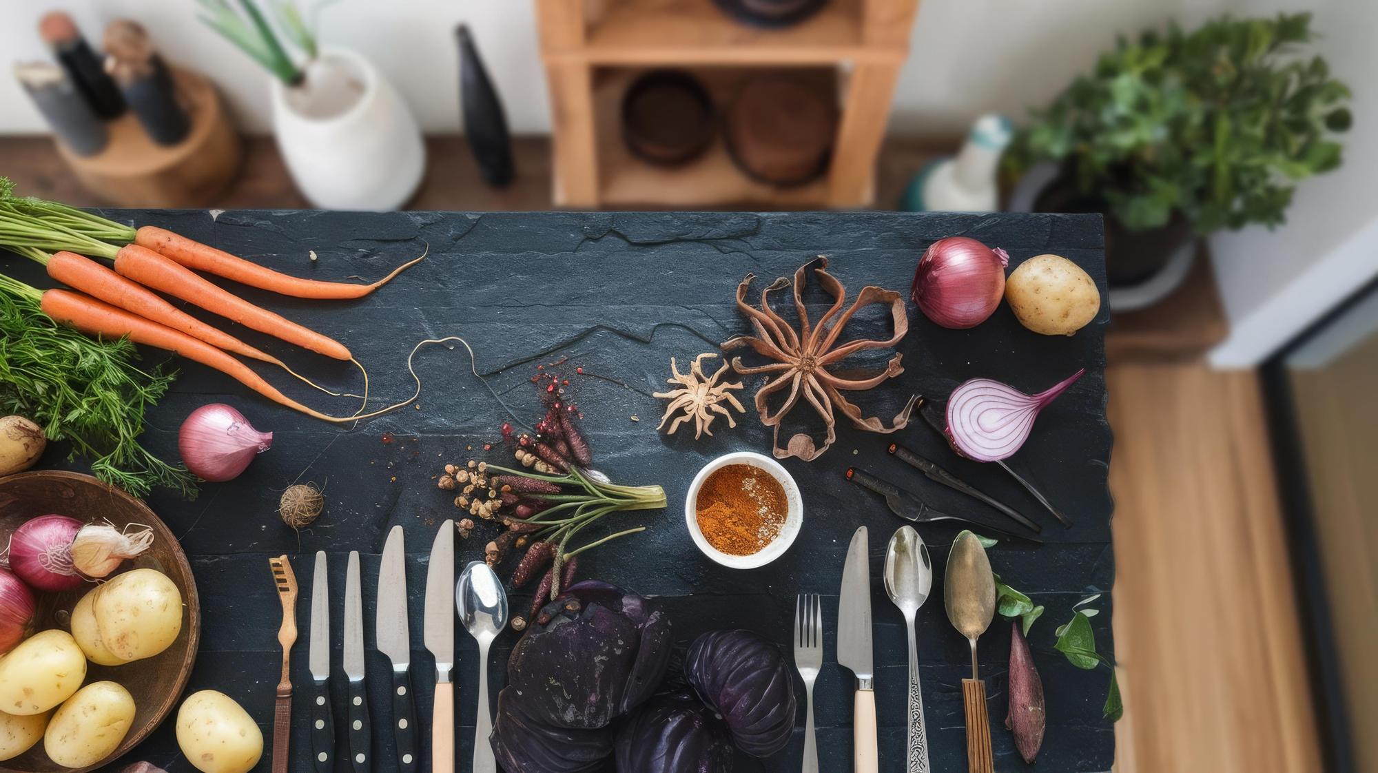 artisan kitchen counter with ingredients and utensils